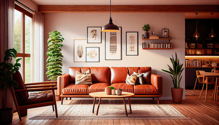 Concept illustration of a warm living room with a brown sofa and a large wooden frame, Scandinavian style. Generative AIの素材