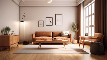 Concept illustration of a warm living room with a brown sofa and a large wooden frame, Scandinavian style. Generative AIの素材