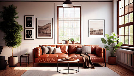 Concept illustration of a warm living room with a brown sofa and a large wooden frame, Scandinavian style. Generative AIの素材