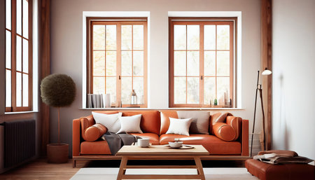 Concept illustration of a warm living room with a brown sofa and a large wooden frame, Scandinavian style. Generative AIの素材