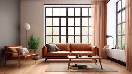 Concept illustration of a warm living room with a brown sofa and a large wooden frame, Scandinavian style. Generative AIの素材