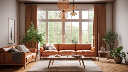 Concept illustration of a warm living room with a brown sofa and a large wooden frame, Scandinavian style. Generative AIの素材