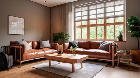 Concept illustration of a warm living room with a brown sofa and a large wooden frame, Scandinavian style. Generative AIの素材