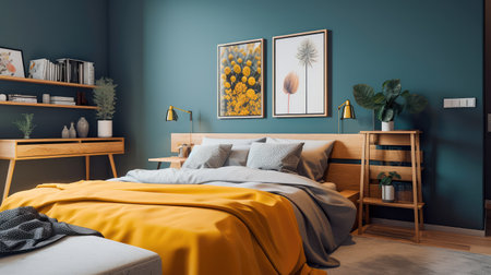 Cozy interior of the bedroom is yellow with blue walls. Bedroom Scandinavian style. Generative AIの素材