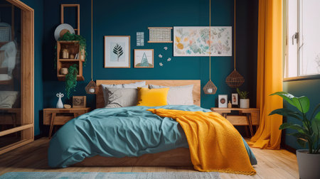 Cozy interior of the bedroom is yellow with blue walls. Bedroom Scandinavian style. Generative AIの素材