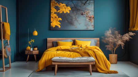 Cozy interior of the bedroom is yellow with blue walls. Bedroom Scandinavian style. Generative AIの素材
