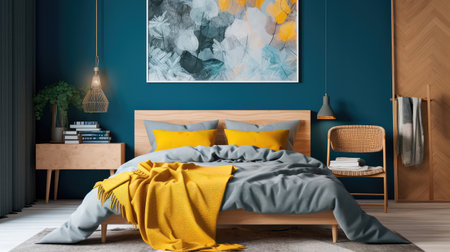 Cozy interior of the bedroom is yellow with blue walls. Bedroom Scandinavian style. Generative AIの素材