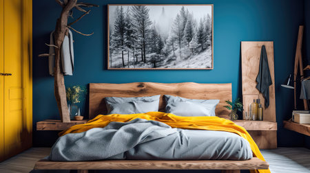 Cozy interior of the bedroom is yellow with blue walls. Bedroom Scandinavian style. Generative AIの素材
