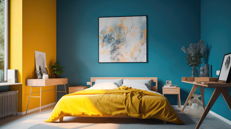 Cozy interior of the bedroom is yellow with blue walls. Bedroom Scandinavian style. Generative AIの素材