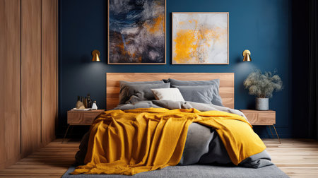 Cozy interior of the bedroom is yellow with blue walls. Bedroom Scandinavian style. Generative AIの素材