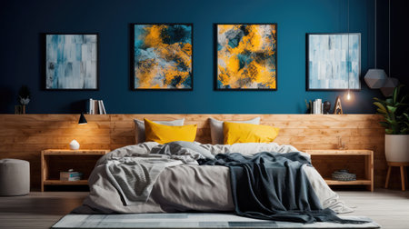 Cozy interior of the bedroom is yellow with blue walls. Bedroom Scandinavian style. Generative AIの素材