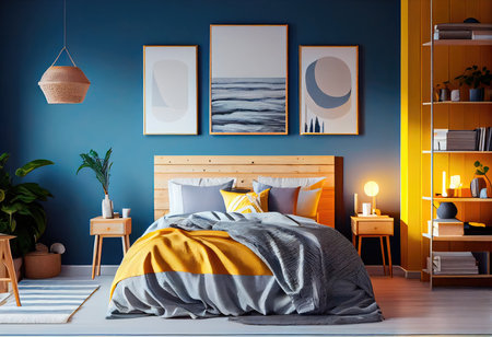 Cozy interior of the bedroom is yellow with blue walls. Bedroom Scandinavian style. Generative AIの素材