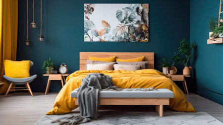 Cozy interior of the bedroom is yellow with blue walls. Bedroom Scandinavian style. Generative AIの素材