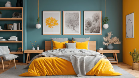 Cozy interior of the bedroom is yellow with blue walls. Bedroom Scandinavian style. Generative AIの素材