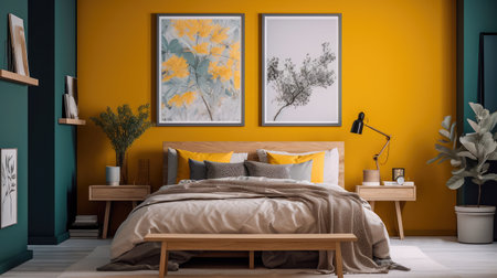 Cozy interior of the bedroom is yellow with blue walls. Bedroom Scandinavian style. Generative AIの素材