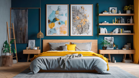 Cozy interior of the bedroom is yellow with blue walls. Bedroom Scandinavian style. Generative AIの素材