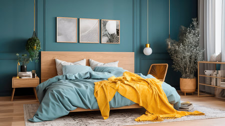 Cozy interior of the bedroom is yellow with blue walls. Bedroom Scandinavian style. Generative AIの素材