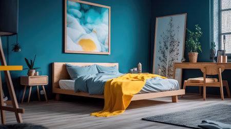 Cozy interior of the bedroom is yellow with blue walls. Bedroom Scandinavian style. Generative AIの素材