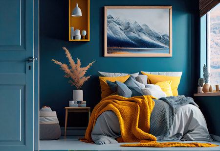 Cozy interior of the bedroom is yellow with blue walls. Bedroom Scandinavian style. Generative AIの素材