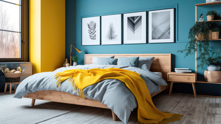 Cozy interior of the bedroom is yellow with blue walls. Bedroom Scandinavian style. Generative AIの素材