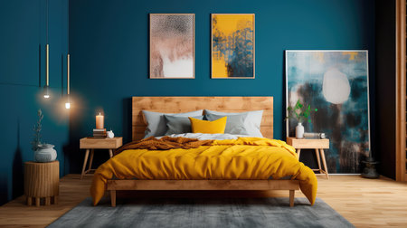 Cozy interior of the bedroom is yellow with blue walls. Bedroom Scandinavian style. Generative AIの素材