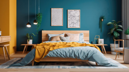 Cozy interior of the bedroom is yellow with blue walls. Bedroom Scandinavian style. Generative AIの素材