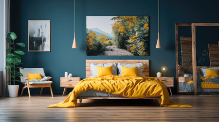 Cozy interior of the bedroom is yellow with blue walls. Bedroom Scandinavian style. Generative AIの素材