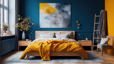 Cozy interior of the bedroom is yellow with blue walls. Bedroom Scandinavian style. Generative AIの素材