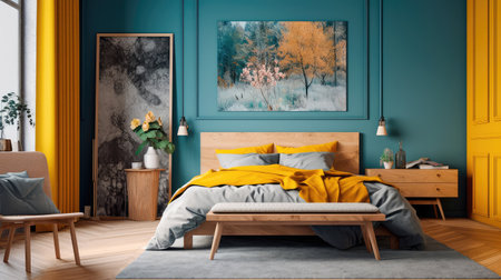 Cozy interior of the bedroom is yellow with blue walls. Bedroom Scandinavian style. Generative AIの素材