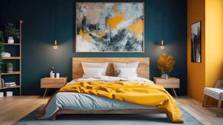 Cozy interior of the bedroom is yellow with blue walls. Bedroom Scandinavian style. Generative AIの素材