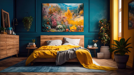Cozy interior of the bedroom is yellow with blue walls. Bedroom Scandinavian style. Generative AIの素材