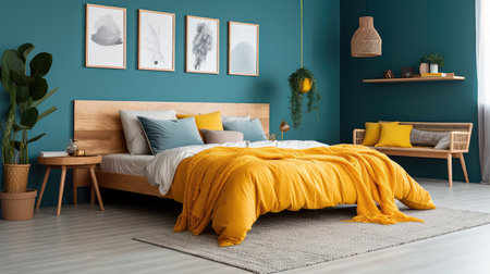 Cozy interior of the bedroom is yellow with blue walls. Bedroom Scandinavian style. Generative AIの素材