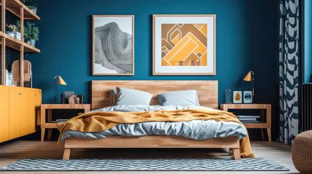 Cozy interior of the bedroom is yellow with blue walls. Bedroom Scandinavian style. Generative AIの素材