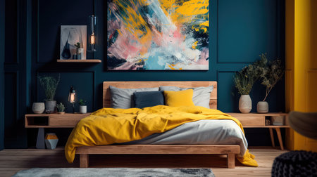 Cozy interior of the bedroom is yellow with blue walls. Bedroom Scandinavian style. Generative AIの素材