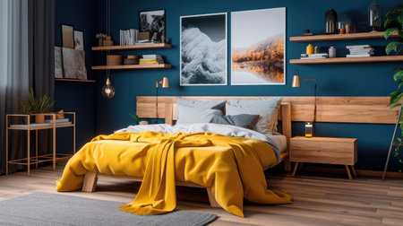Cozy interior of the bedroom is yellow with blue walls. Bedroom Scandinavian style. Generative AIの素材