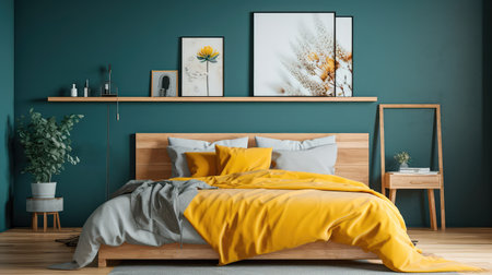 Cozy interior of the bedroom is yellow with blue walls. Bedroom Scandinavian style. Generative AIの素材