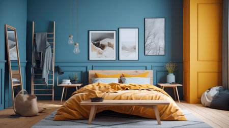 Cozy interior of the bedroom is yellow with blue walls. Bedroom Scandinavian style. Generative AIの素材