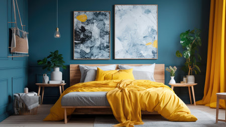 Cozy interior of the bedroom is yellow with blue walls. Bedroom Scandinavian style. Generative AIの素材
