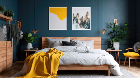 Cozy interior of the bedroom is yellow with blue walls. Bedroom Scandinavian style. Generative AIの素材