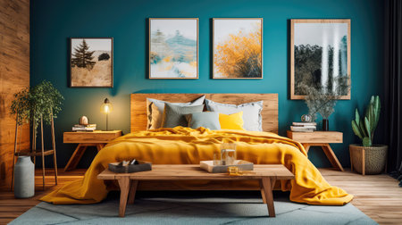 Cozy interior of the bedroom is yellow with blue walls. Bedroom Scandinavian style. Generative AIの素材