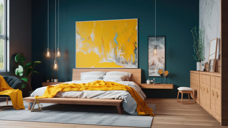 Cozy interior of the bedroom is yellow with blue walls. Bedroom Scandinavian style. Generative AIの素材