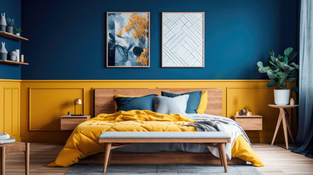 Cozy interior of the bedroom is yellow with blue walls. Bedroom Scandinavian style. Generative AIの素材