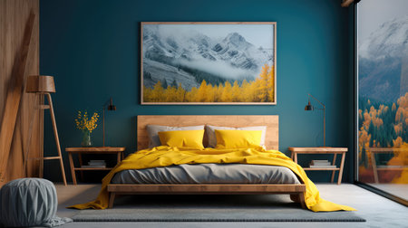 Cozy interior of the bedroom is yellow with blue walls. Bedroom Scandinavian style. Generative AIの素材