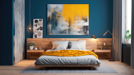 Cozy interior of the bedroom is yellow with blue walls. Bedroom Scandinavian style. Generative AIの素材