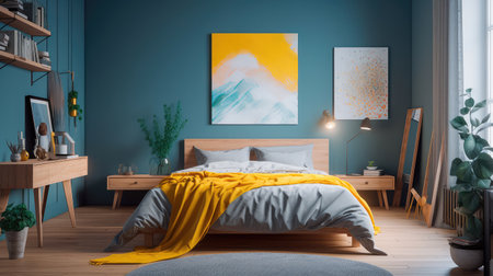 Cozy interior of the bedroom is yellow with blue walls. Bedroom Scandinavian style. Generative AIの素材