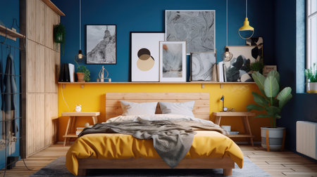 Cozy interior of the bedroom is yellow with blue walls. Bedroom Scandinavian style. Generative AIの素材