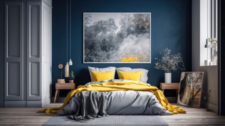 Cozy interior of the bedroom is yellow with blue walls. Bedroom Scandinavian style. Generative AIの素材