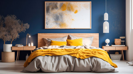 Cozy interior of the bedroom is yellow with blue walls. Bedroom Scandinavian style. Generative AIの素材