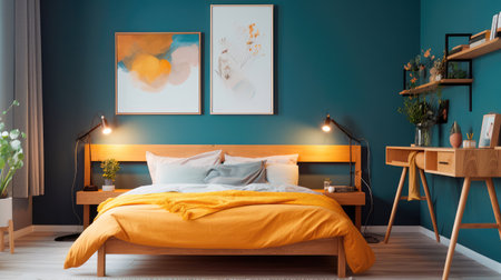 Cozy interior of the bedroom is yellow with blue walls. Bedroom Scandinavian style. Generative AIの素材
