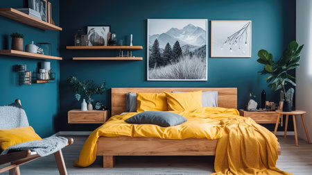 Cozy interior of the bedroom is yellow with blue walls. Bedroom Scandinavian style. Generative AIの素材